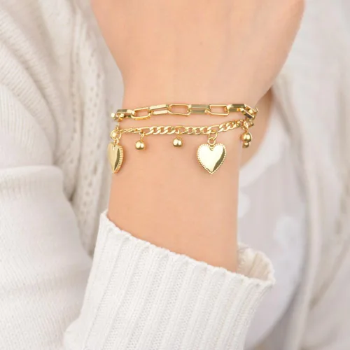 Vista 2 de LUREME Pulsera de acero inoxidable de oro de 18 quilates con dijes de bola y corazón para mujer, Acero inoxidable, Sin gemas.