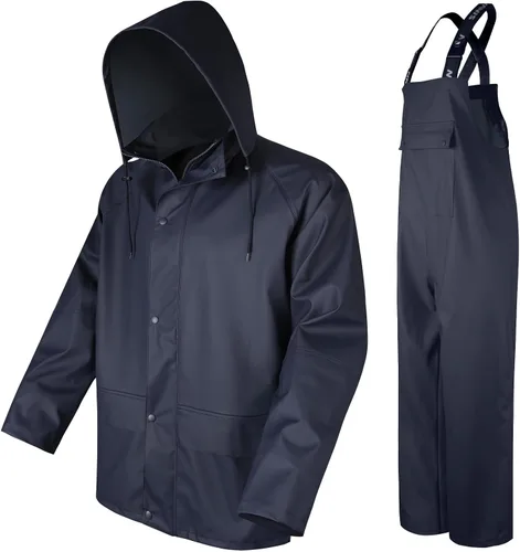 Vista 3 de FWG Traje de lluvia para hombre, chaqueta de trabajo impermeable resistente y pantalones con capucha