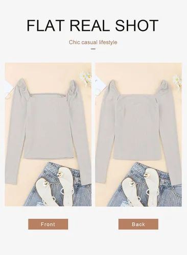 Vista 2 de Dokotoo Camisetas de manga larga con cuello cuadrado para mujer, básicas, acanaladas, ajustadas, color liso
