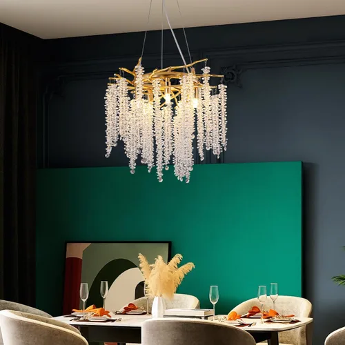 Vista 13 de Candelabro de Cristal Rama de Árbol Dorado Gota de Lluvia Redonda Lámpara Colgante con Borla Luminaria de Techo Colgante para Dormitorio Sala