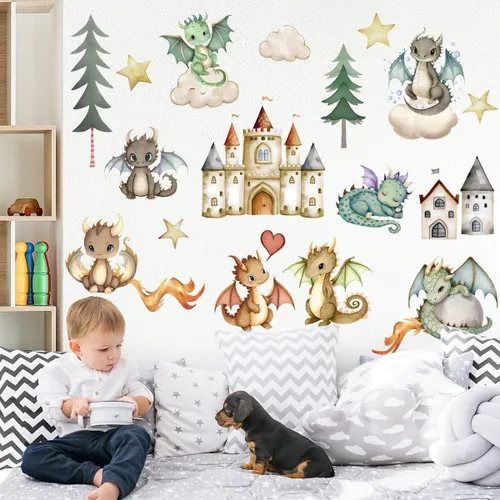 Vista 4 de Calcomanías de pared de dinosaurios de dibujos animados 3D, lindos castillos de dinosaurios para bebé, calcomanías de pared extraíbles de acuarela