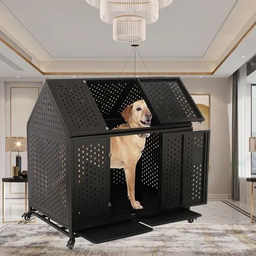 Vista 7 de Jaula indestructible para perros de 44 pulgadas, resistente y de alta ansiedad, a prueba de golpes, jaula de techo puntiaguda de metal para perros