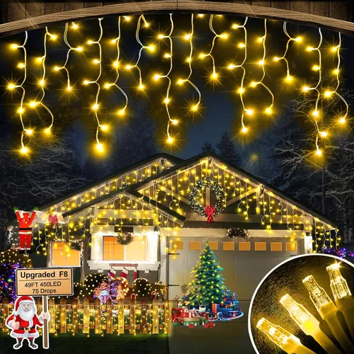 Vista 25 de FLVOECN 480 luces LED de Navidad de 49 pies, enchufables, 8 modos con temporizador, luces de hielo regulables, para exteriores, impermeables