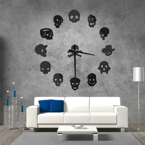 Vista 3 de Gran calavera 3D DIY reloj de pared Frameless Espejo Superficie Etiqueta de pared (negro)