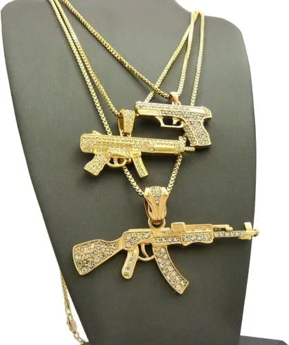 Vista 5 de Mens Iced Out ametralladora AK47Chopper, arma Uzi, pistola de mano, caja colgante, cuerda, cadena cubana, set de 3 collares con dije