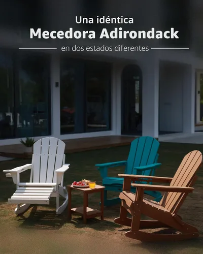Vista 3 de Mecedora plegable Adirondack, silla de patio multifuncional 4 en 1 con otomana retráctil, silla de exterior con textura de madera, silla de césped