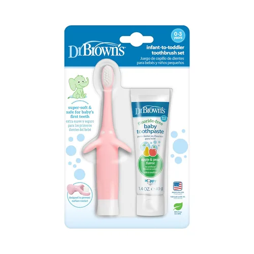 Vista 5 de Dr. Brown's Milestones - Botella sorbera de cuello ancho con asas 100% de silicona, botella de fácil agarre y juego de cepillos de dientes