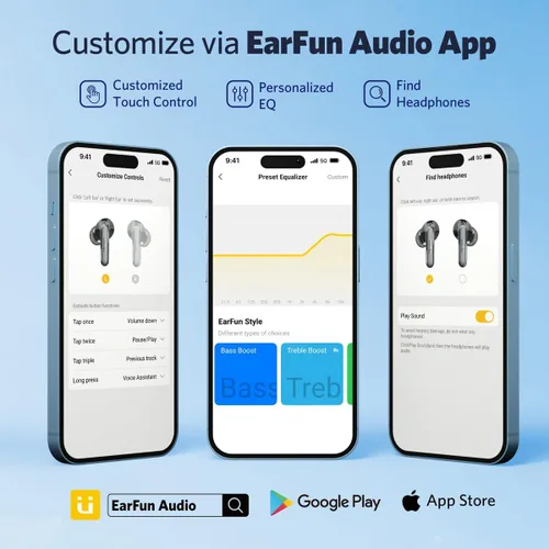 Vista 8 de Auriculares inalámbricos EarFun Air 2, controladores de 10mm con auriculares Bluetooth LDAC, audio de alta resolución, Bluetooth 5.3 con conexión