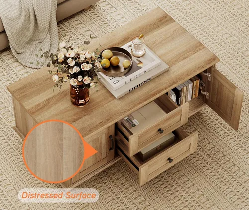 Vista 7 de WAMPAT - Mesa de café de granja con gabinete de almacenamiento, mesas de café de madera para la sala de estar, mesa de té rústica rectangular