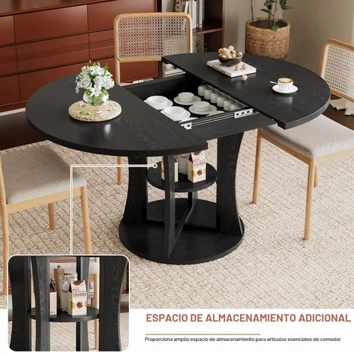 Vista 6 de Mesa de comedor redonda extensible de 43.3 a 59 pulgadas para 4 a 8, moderna mesa de comedor ovalada de cocina con estante de almacenamiento, mesa