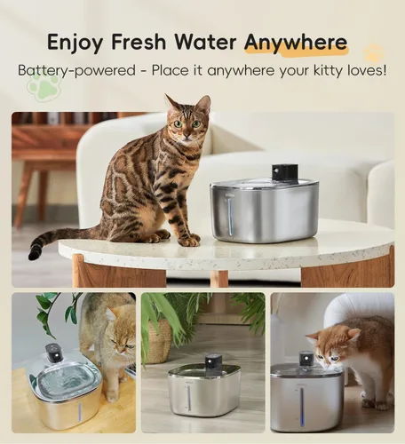 Vista 2 de Fuente de agua para gatos de acero inoxidable, fuente para gatos de 4.1 L, dispensador de agua inalámbrico para gatos y perros en interiores