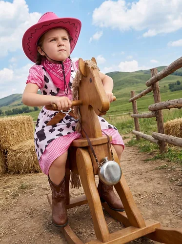 Vista 3 de Disfraz de vaquera para niñas, vestido de vaquera occidental de Halloween con sombrero de vaquero rosa