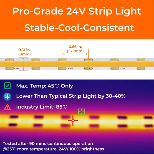 Vista 7 de Luces de Tira LED COB Candlelight de 2400K, 3W/pie, 16.4 pies, 24V, cinta LED con respaldo VHB 3M, CRI 95, certificación UL, cortable, regulable
