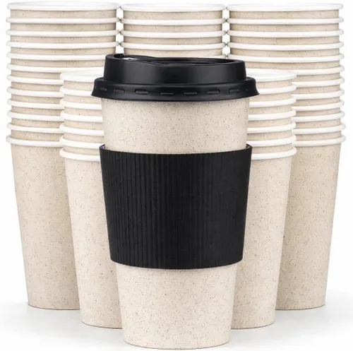 Vista 12 de Promora Tazas de café desechables marrones de 8 onzas con tapas y mangas, fundas desechables para tazas de café caliente, tazas de papel de café
