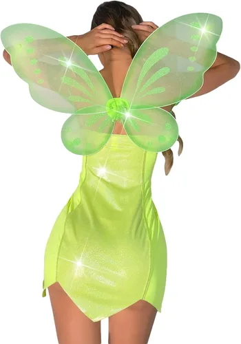 Vista 3 de fyclemt Disfraz de hadas del bosque de Halloween para mujer, vestido brillante de lentejuelas verdes, vestido de cosplay con alas, decoraciones