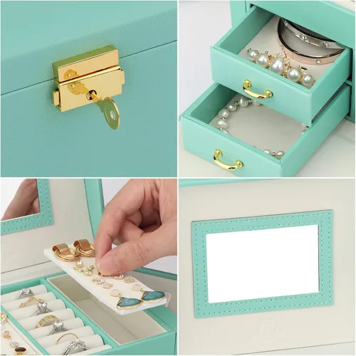 Vista 3 de Joyero multifunción con espejo 2 cajones y cerradura organizador de almacenamiento de piel sintética para pulseras aretes anillos collares relojes
