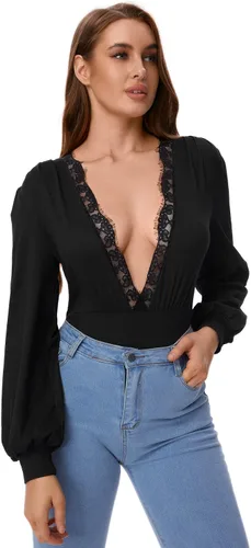 Vista 4 de WDIRARA Body de encaje de pestañas para mujer, cuello en V profundo, manga farol, sólido y elegante
