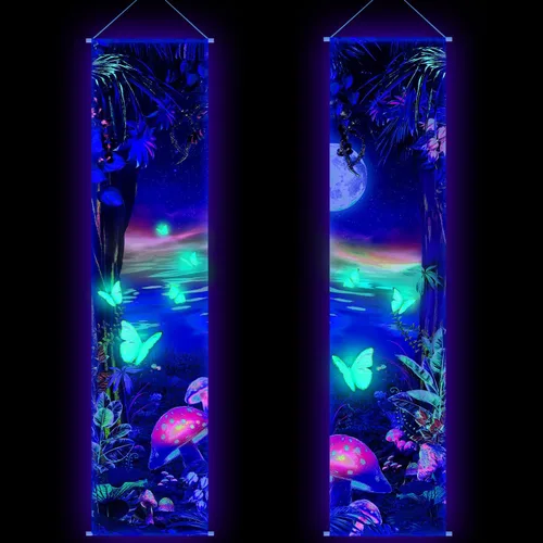 Vista 9 de Tiamon 2 Piezas de Arte de Luz Negra para Pared, Tapiz Trippy de Luz Negra, Póster de Tapiz UV Reactivo, Banner Estético, Fondo de Pared para Colgar