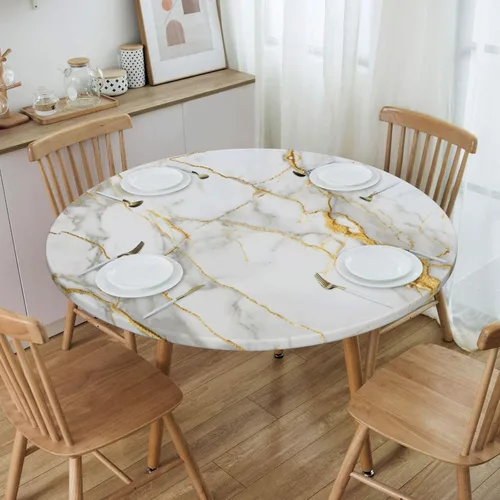 Vista 8 de Mantel redondo de mármol blanco dorado con borde elástico, mantel decorativo para el hogar, cocina, comedor, fiesta, S (se adapta a 40-45 pulgadas)