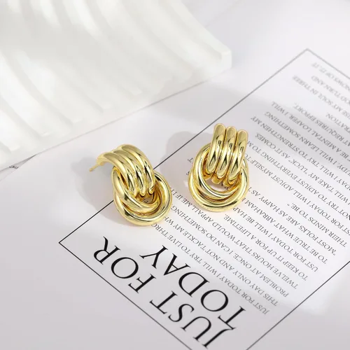 Vista 6 de Aretes gruesos de nudo dorado para mujer, aretes de eslabones largos con diseño geométrico de oro y plata