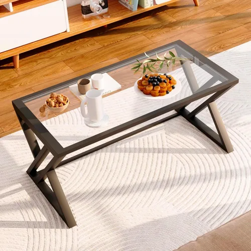 Vista 7 de Mesa de café Wolawu de vidrio negro para sala de estar, mesa central rectangular moderna con marco de metal resistente, mesa de té de vidrio