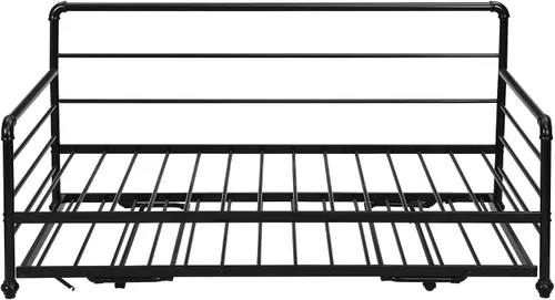 Vista 5 de Sofá cama doble de metal con nido desplegable ajustable, marco de acero resistente, soporte de listones de metal, sin necesidad de somier, cama