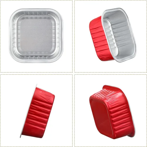 Vista 4 de Mimorou 100 piezas de mini tazas cuadradas rojas para hornear con tapas, papel de aluminio de 5 onzas, moldes desechables para magdalenas, postres