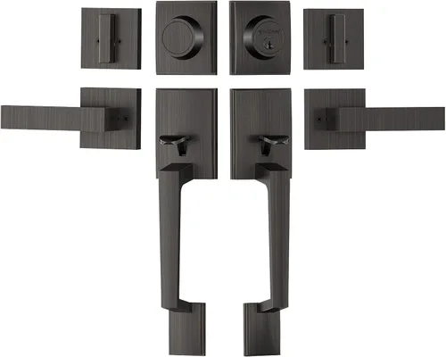 Vista 15 de TICONN Juego de manijas para puerta delantera doble, palanca de puerta cuadrada de servicio pesado y combo de cerrojo de cilindro único para puertas
