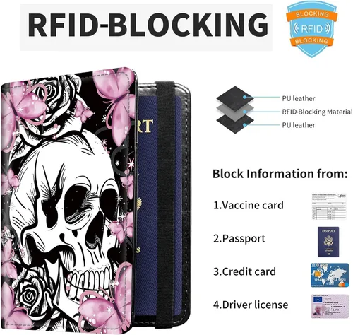 Vista 3 de Combo de portatarjetas de pasaporte y vacunación con bloqueo RFID-X-6, Butterfly Skull, Minimalista