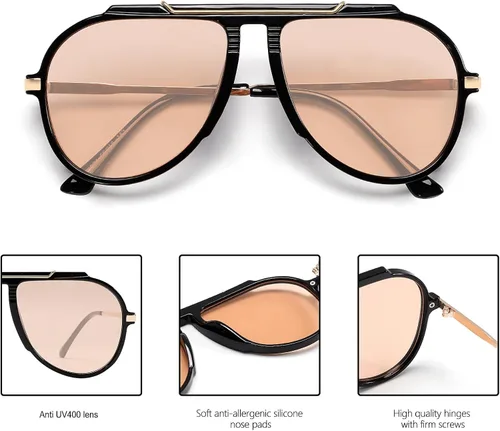 Vista 3 de Gafas de sol de aviador de gran tamaño para mujeres y hombres, estilo retro de los años 70, lentes de sol de metal dorado sin enredos, cuadrados