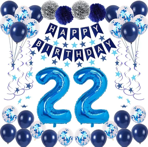 Vista 12 de Decoraciones de fiesta de cumpleaños azul número 29 para hombres y mujeres, suministros de globos de feliz cumpleaños 29 con pancarta de feliz
