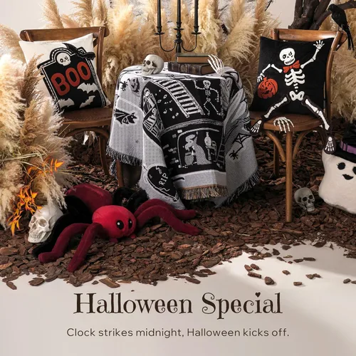 Vista 4 de Phantoscope Fundas de almohada decorativas de pana a rayas, fundas de almohada decorativas de Halloween con bordado hecho a mano, de esqueleto