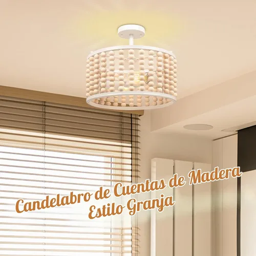 Vista 5 de Candelabro Bohemio de Cuentas de Madera Blanca - Moderna Lámpara de Techo para Guardería, Luz de Montaje Semiempotrado con Cuentas, Luces