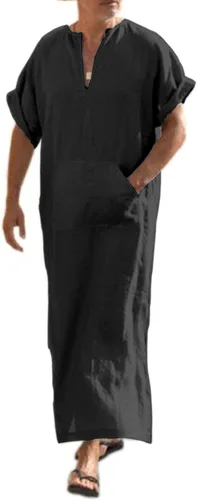 Vista 13 de COOFANDY - Bata de cuello en V de lino para hombre, manga corta, kaftán, thobe, túnica larga, camisa casual para playa, verano 01-Blanco