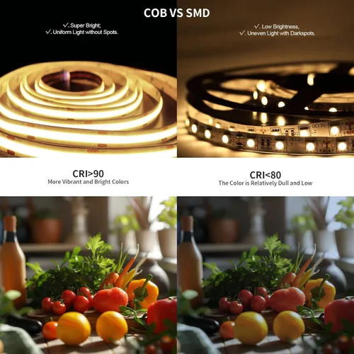 Vista 4 de COB - Tira de luz LED de 40 pies/39.4 ft (1 rollo), blanco cálido, 3000 K, alto lumen, CRI 90+ con adaptador de corriente con certificación UL