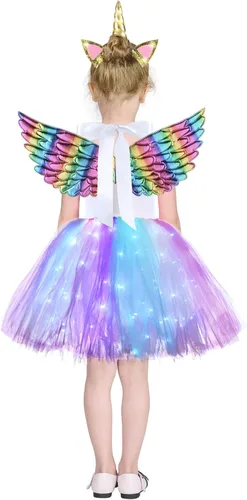Vista 2 de NSSONBEN Girls Sequin Unicorn Custome LED Light Up Onesie Tutu Dress Birthday Gifts Halloween Costume with Headband and Wings