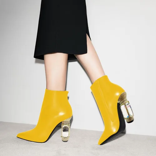 Vista 56 de FSJ Botas de tacón alto con punta puntiaguda para mujer, con tacón alto, con cremallera lateral brillante, estilo casual, para uso diario, zapatos