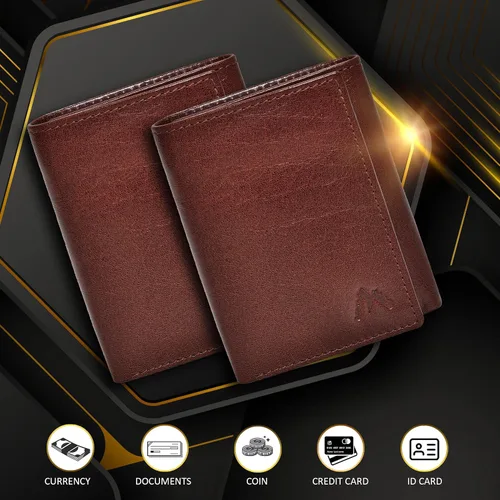 Vista 25 de Cartera de cuero RFID hecha a mano para hombres, elegante cartera de bolsillo frontal triple con 2 ranuras para identificación y 9 tarjetas, Azul