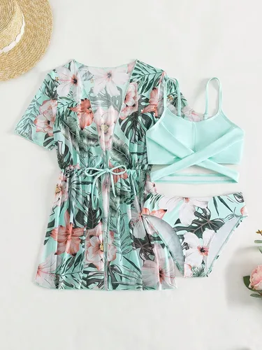 Vista 5 de MakeMeChic Traje de baño de 3 piezas para niña, lindo bikini floral con salida de baño