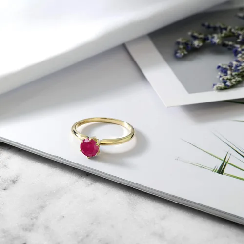 Vista 48 de Anillo de compromiso solitario con piedra preciosa redonda de oro amarillo de 14 quilates de 0.236 in para mujer Ajuste clásico de 6 puntas