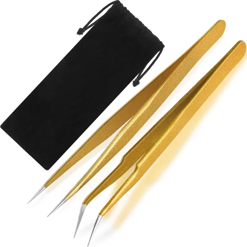 Vista 10 de Hotop 2 Piezas Pinzas de punta recta y curva para extensiones de pestañas, Herramientas de aplicación de pestañas postizas de acero inoxidable rosa.