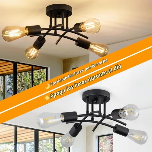 Vista 2 de Lámpara industrial de techo semiempotrada de 4 luces, moderna lámpara negra para cerca del techo, lámpara de araña con base E26, lámpara colgante