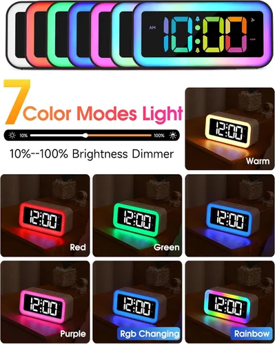 Vista 2 de Cadmos Reloj despertador fuerte para dormitorios con luz nocturna RGB dinámica, para adultos que duermen profundamente, doble alarma, atenuador