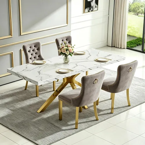 Vista 18 de Henf Mesa de comedor de mármol sintético blanco de 70 pulgadas para 4-6 personas, mesa de cocina rectangular moderna con mesa de mármol sintético