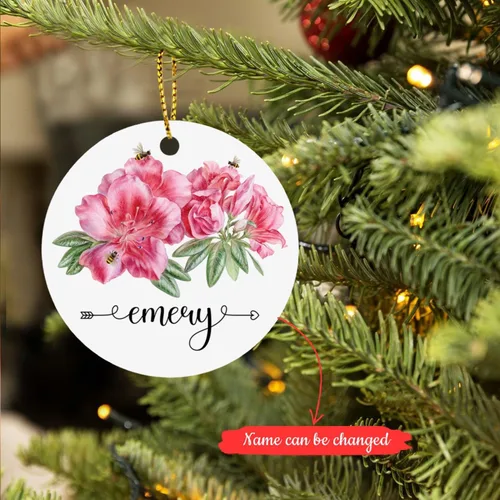 Vista 2 de Adorno personalizado de flor de azalea para la primera Navidad, adorno personalizado de Azalea 1ª Navidad, recuerdo de flores para amigos, regalo