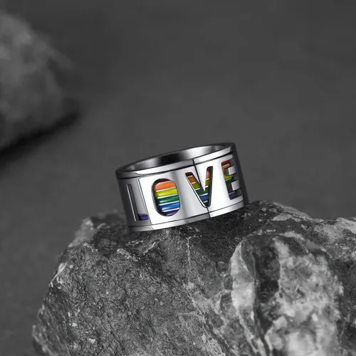 Vista 7 de FaithHeart Anillos para ansiedad LGBT Pride Rainbow, acero inoxidable/chapado en oro de 18 quilates, joyería de amor es amor para hombres y mujeres