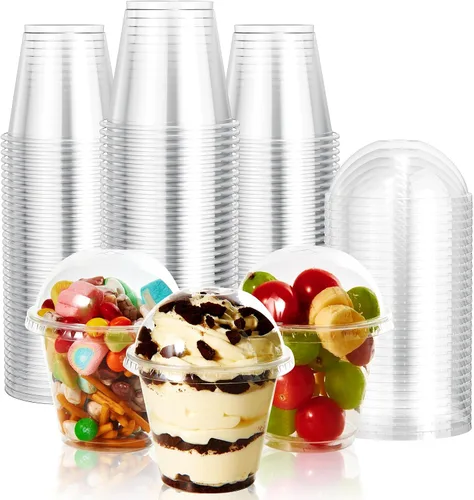 Vista 8 de Vplus Paquete de 200 vasos de plástico PET de 9 onzas con tapas planas, vasos de plástico desechables de cristal para parfait, frutas, postres