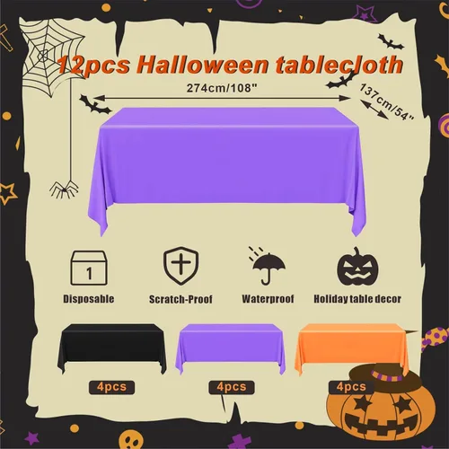 Vista 2 de Eunika 12 manteles de plástico desechables de Halloween, 54 x 108 pulgadas, mantel italiano rectangular a granel, negro, naranja, morado