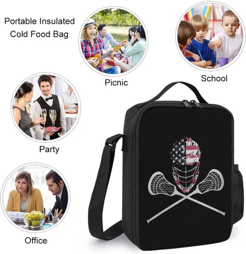 Vista 4 de Lacrosse - Lonchera aislada con bandera para casco, reutilizable, bolsa de comida impermeable con correas ajustables para mujeres y hombres