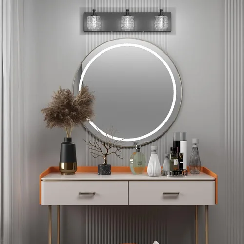 Vista 4 de Ralbay Luz de Tocador Negra 3 Luces Cristal Moderno Negro Mate Accesorios de Iluminación para Baño Accesorios de Luz de Tocador de Baño de Cristal